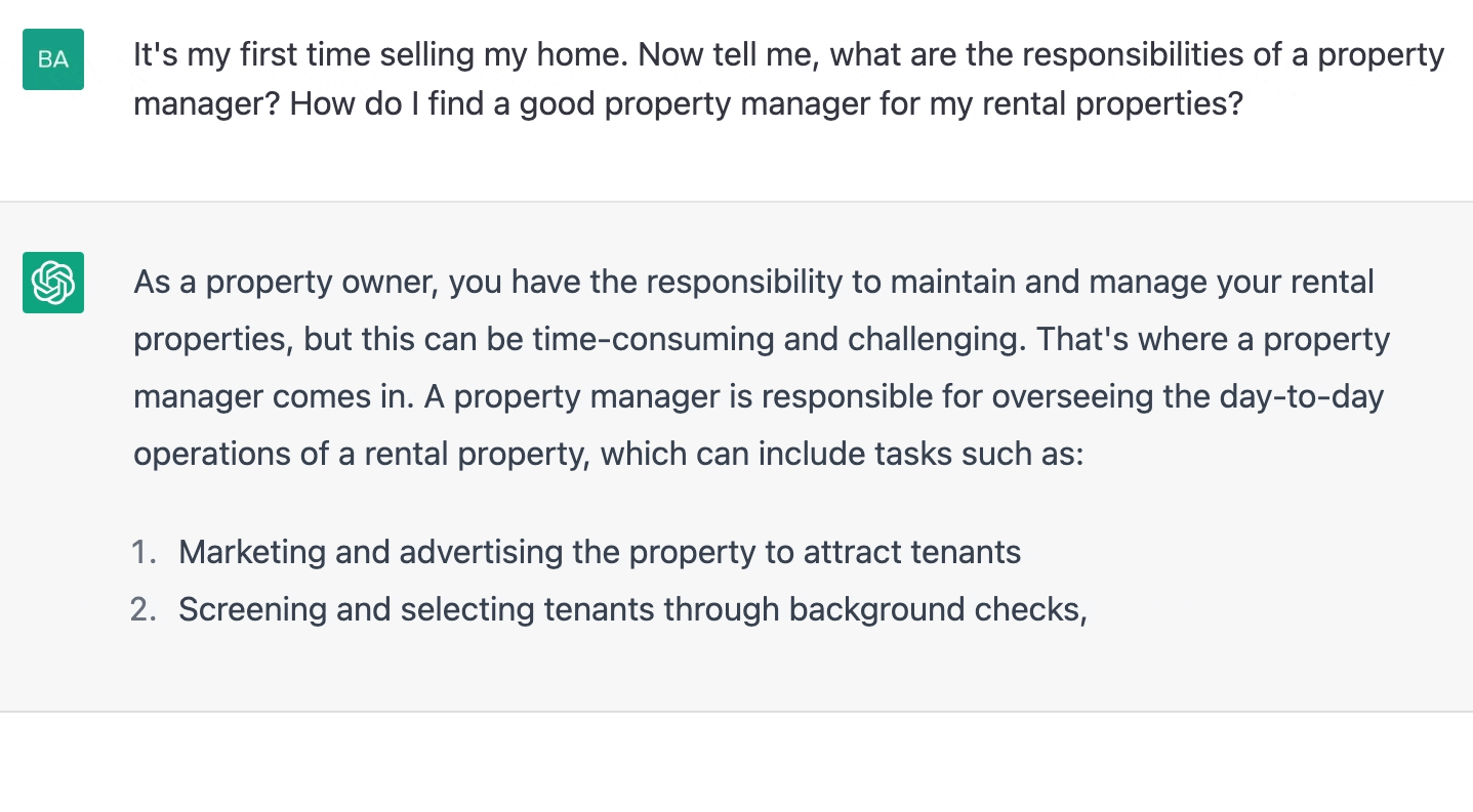 ChatGPT prompt about what are the responsibilities of a property manager