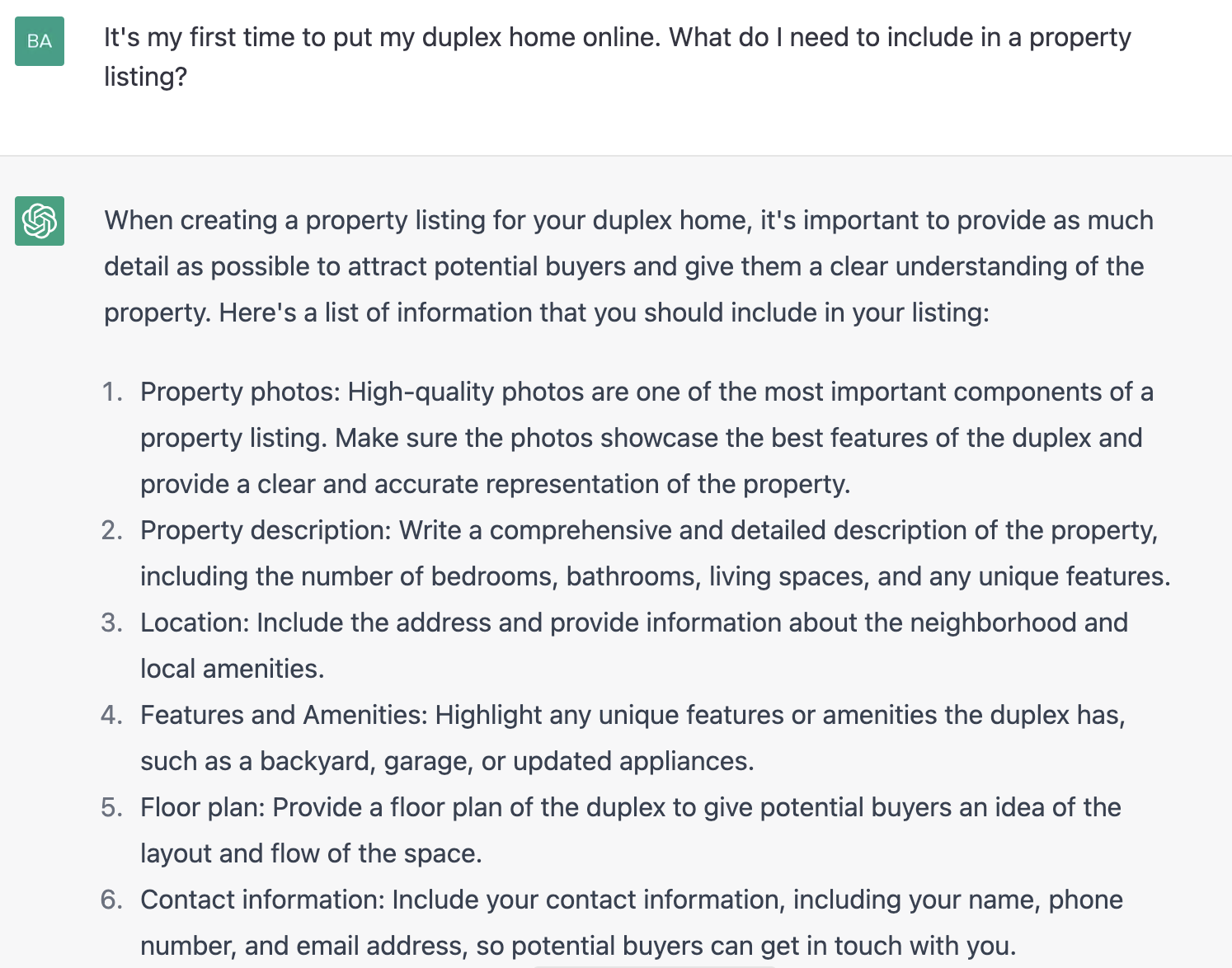 ChatGPT prompt about list of information that you should include in property listing