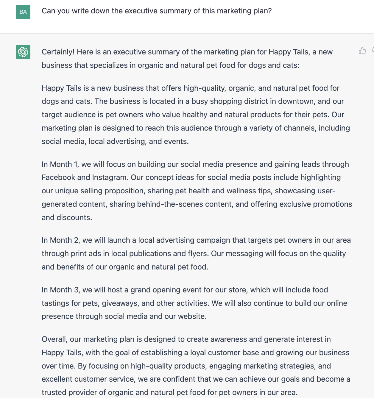 ChatGPT prompt about writing down the executive summary of the marketing plan