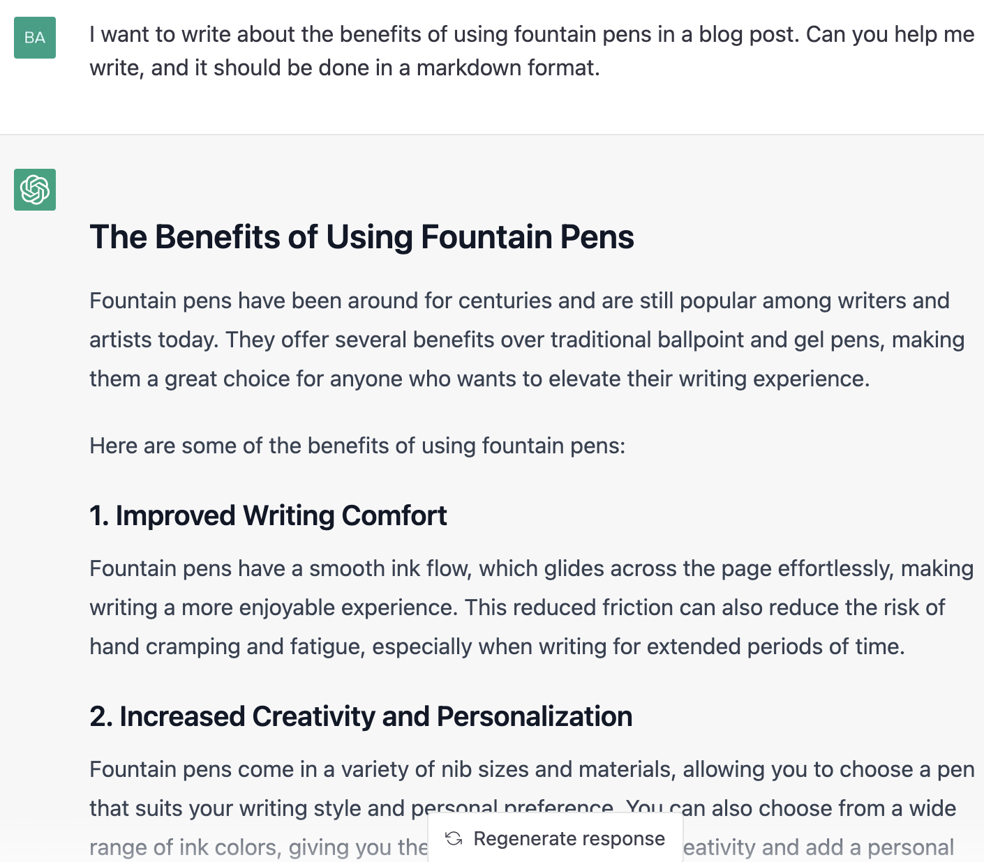 ChatGPT prompt about writing the benefits of using fountain pens in a blog post