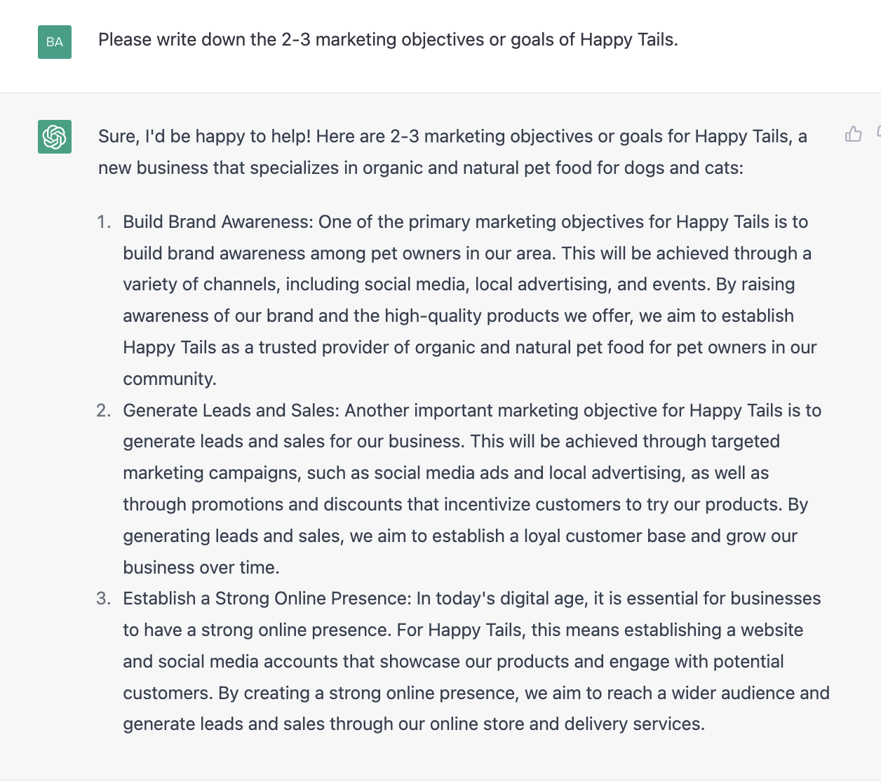 ChatGPT prompt about writing down the 2-3 marketing objectives or goals of happy tails