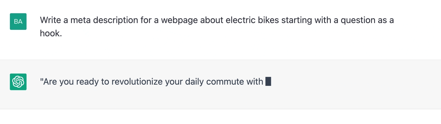 ChatGPT prompt about writing a meta description for a webpage about electric bikes starting with a question as a hook