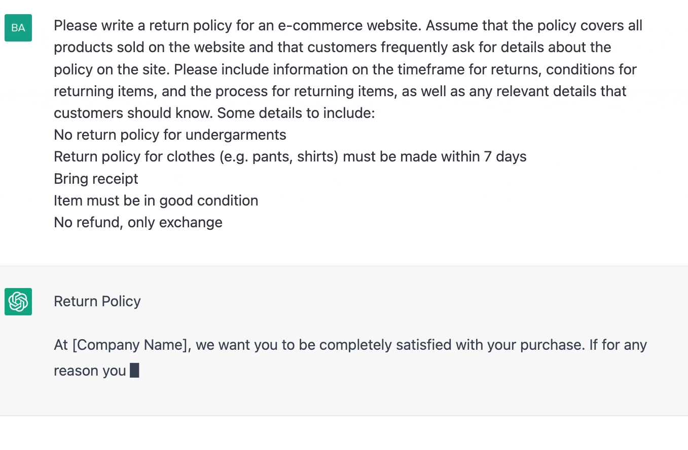 ChatGPT prompt about writing a return policy for an e-commerce website