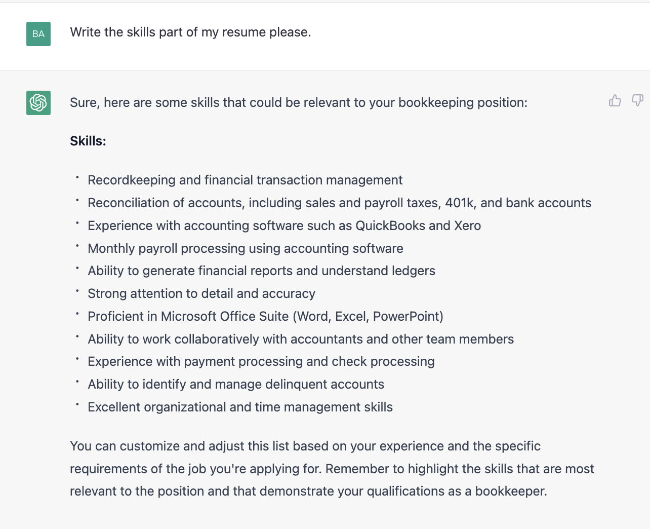 ChatGPT prompt about writing the skills of the resume
