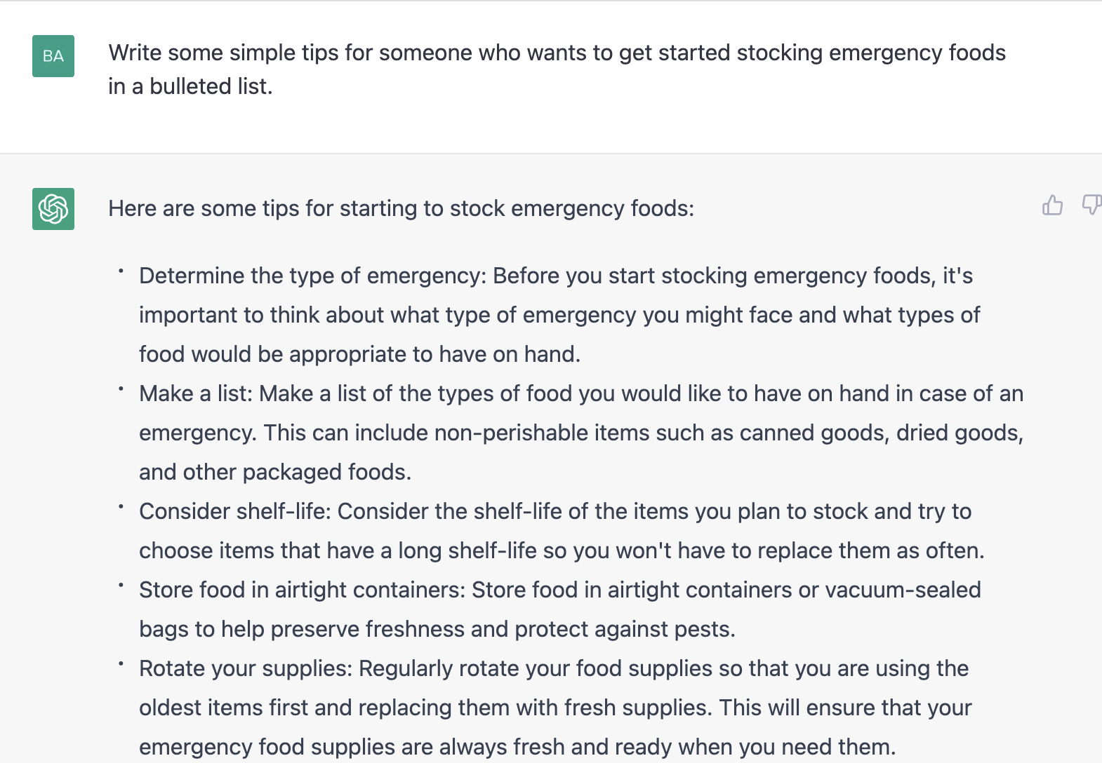 ChatGPT prompt about writing some simple tips for someone who wants to get started stocking emergency foods