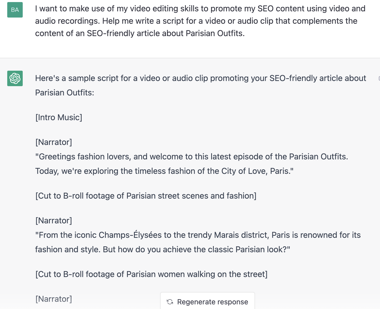 ChatGPT prompt about writing a script for a video or audio clip that complements the content of Parisian Outfits