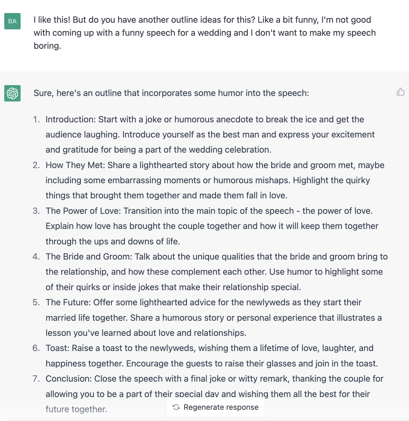 ChatGPT prompt for a speech outline for a funny wedding speech