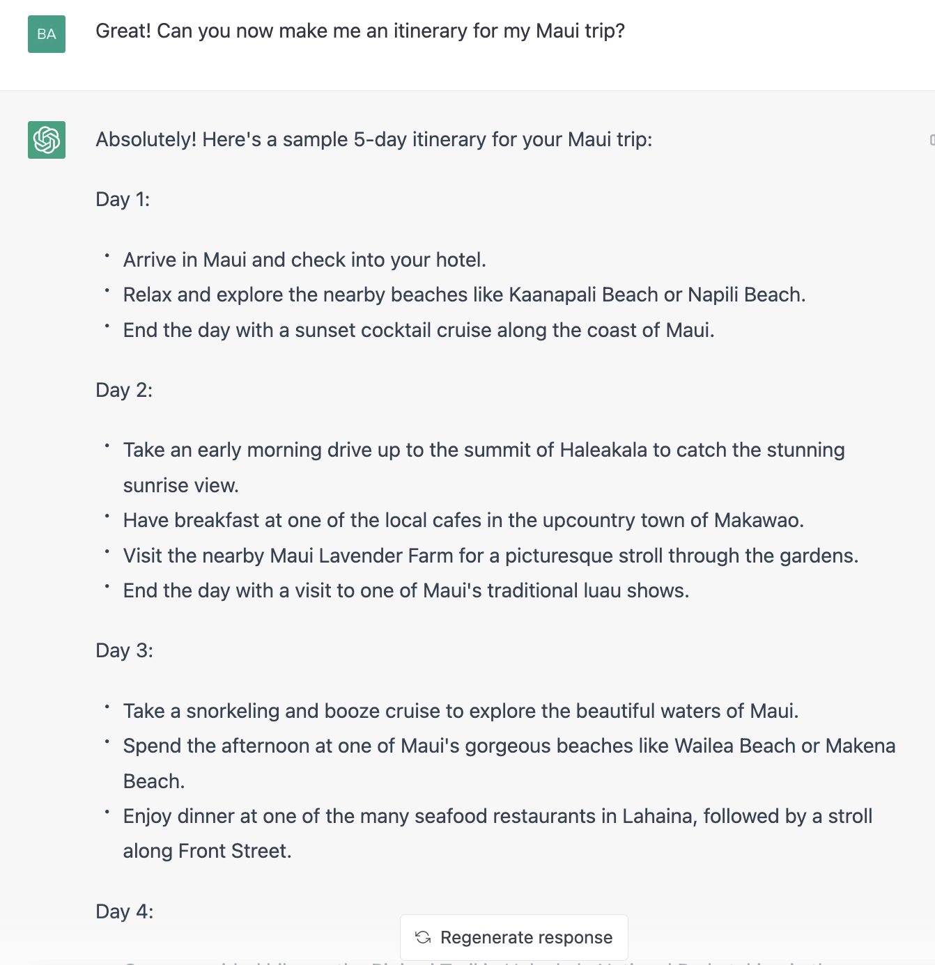 ChatGPT prompt for a travel itinerary for a Maui trip