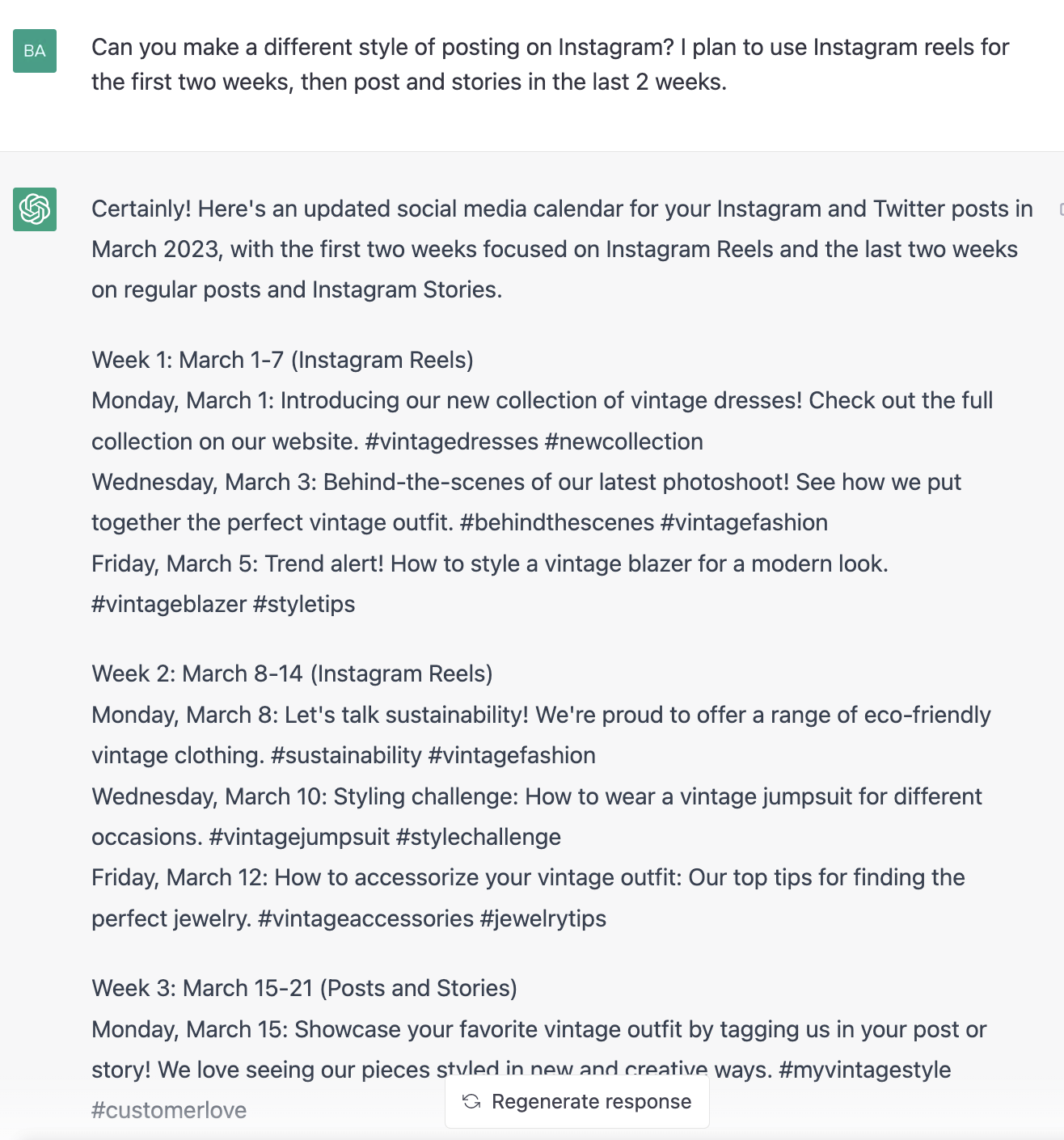 ChatGPT prompt about updating social media calendar for instagram and twitter posts