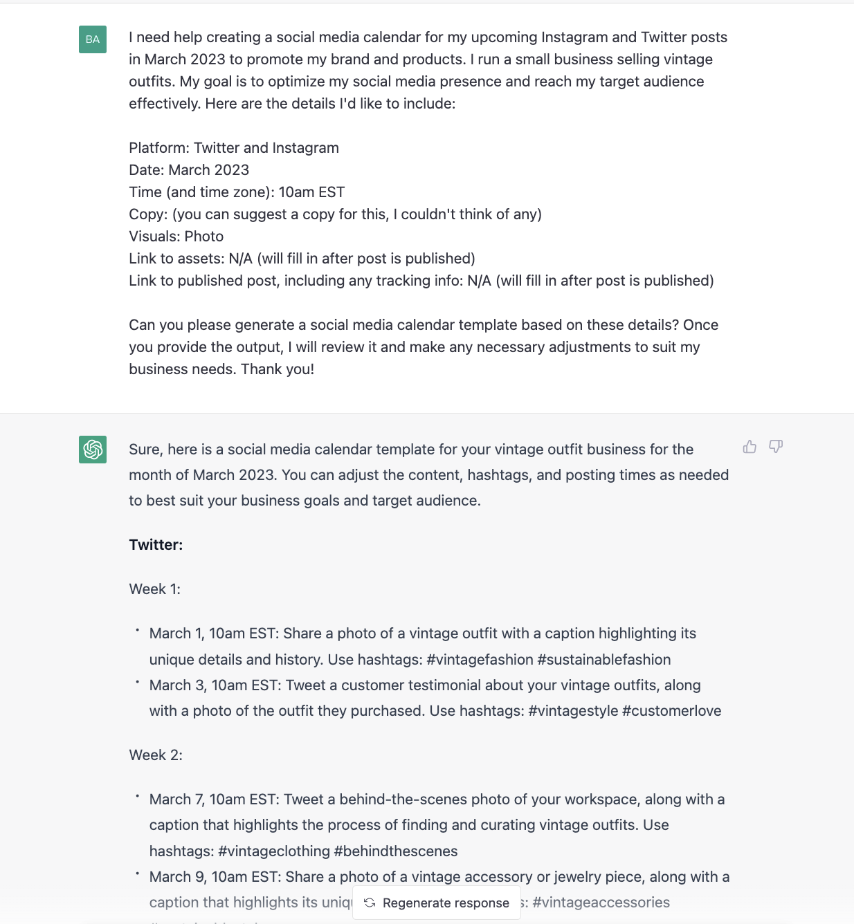 ChatGPT prompt about creating a social media calendar for an upcoming instagram and twitter posts