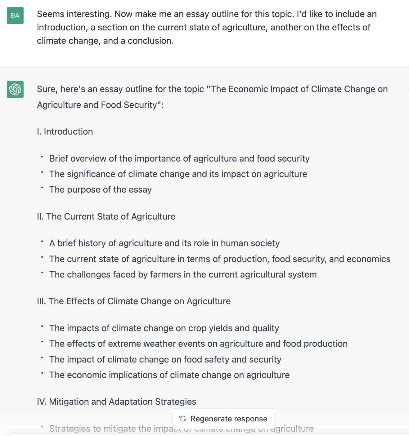 ChatGPT prompt for an essay outline on the effects of climate change