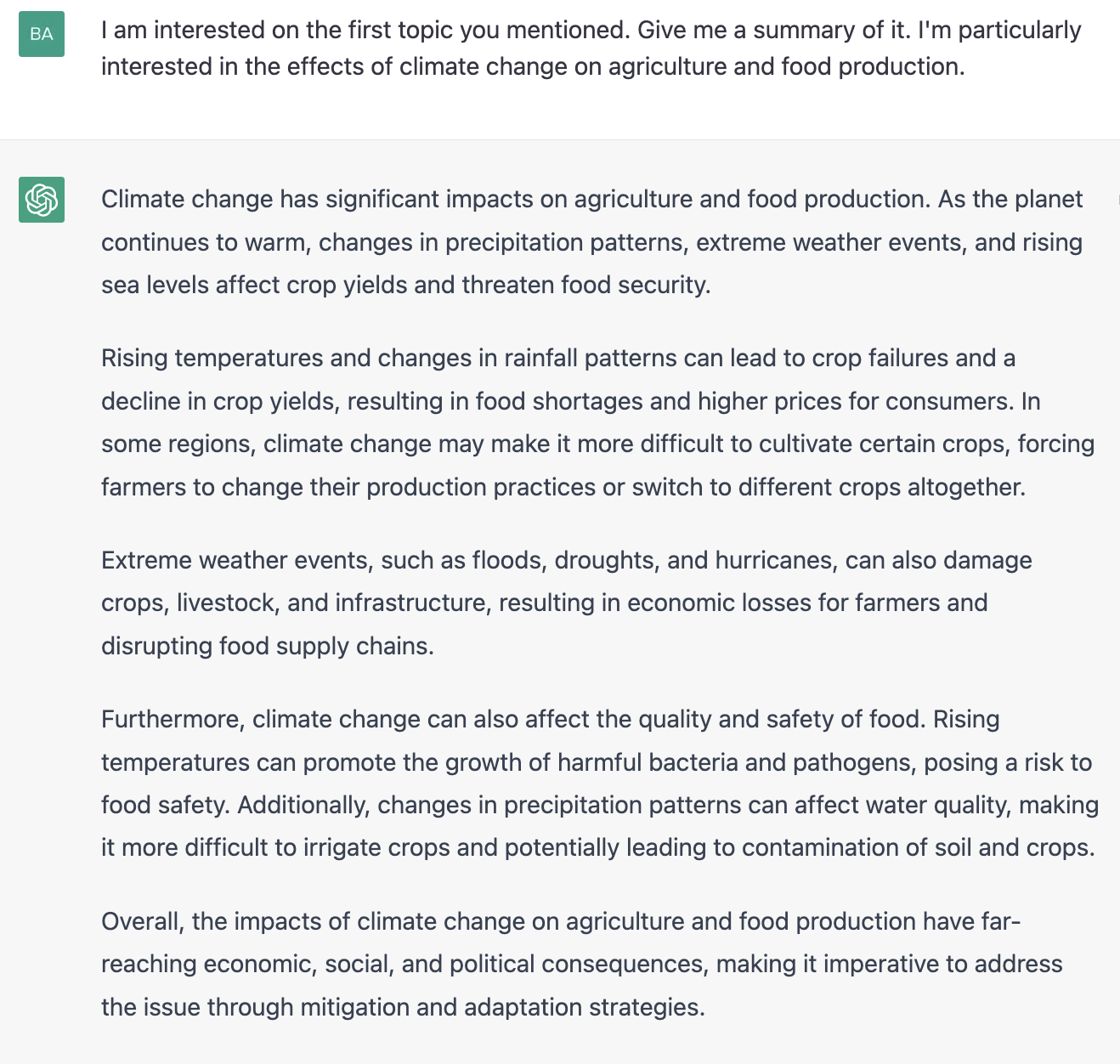 ChatGPT prompt for information regarding the effects of climate change