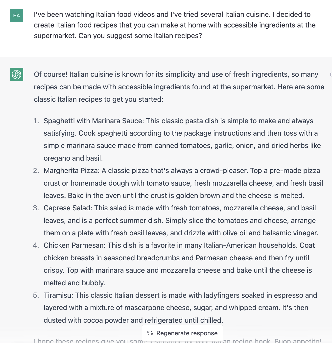 ChatGPT prompt for easy Italian recipes