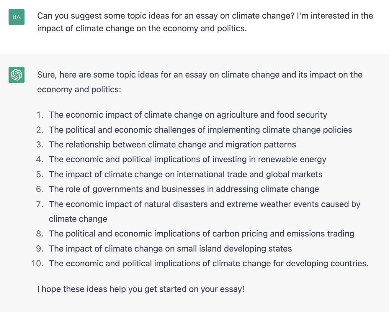 ChatGPT prompt for topic ideas for climate change