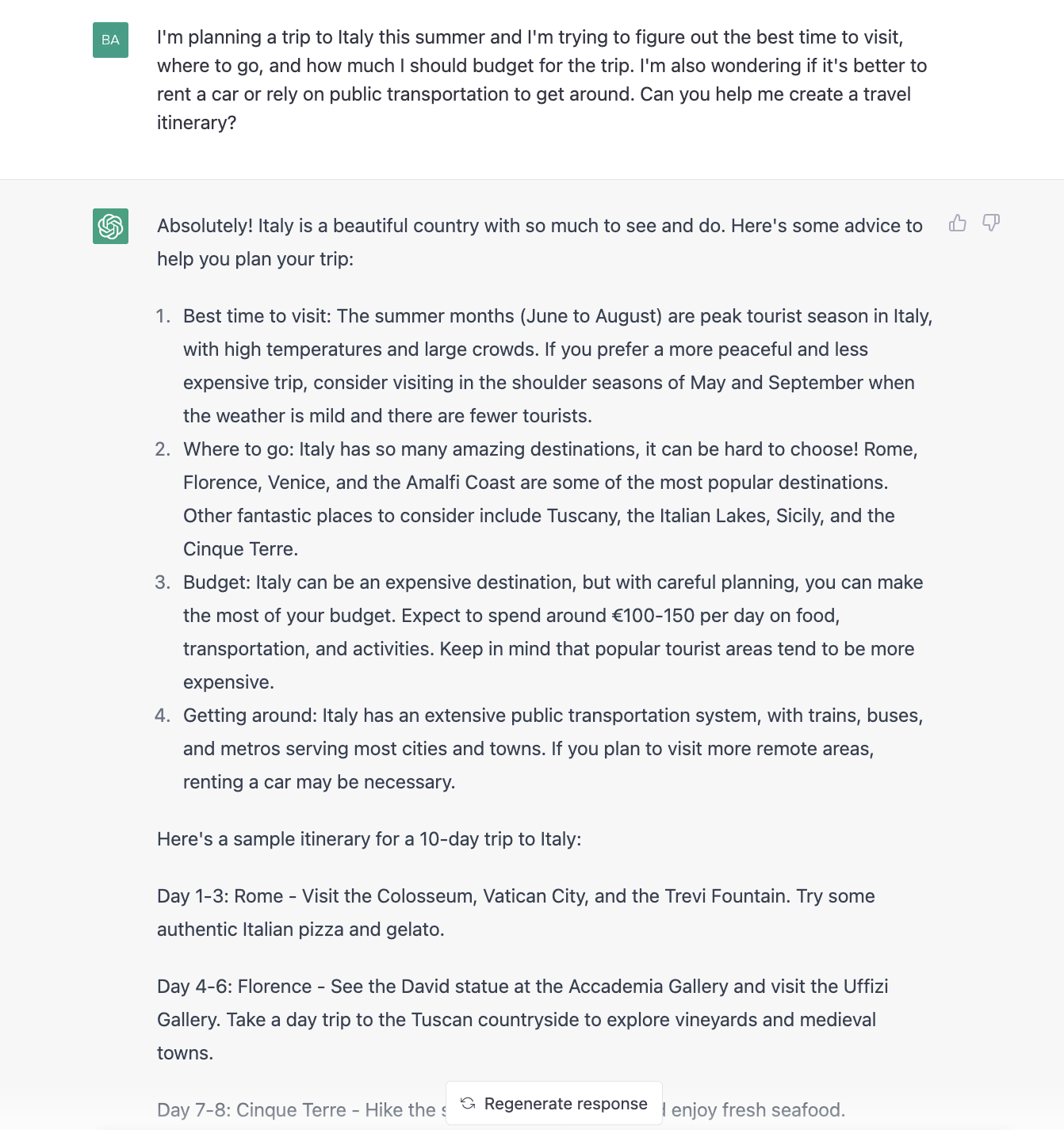 ChatGPT prompt for a travel itinerary for Italy