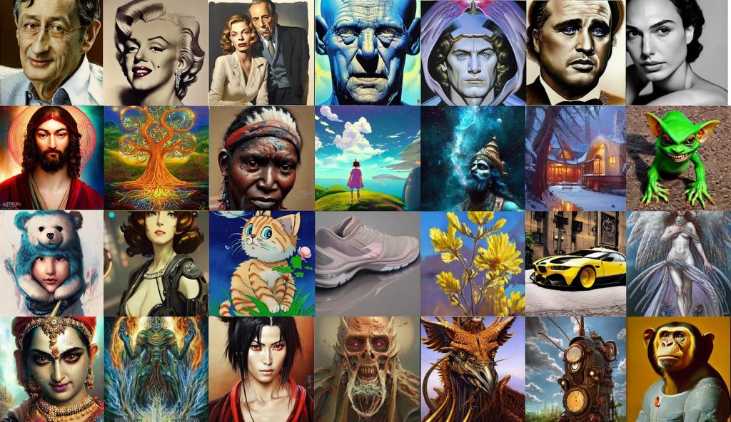 A collection of AI images produced by an AI image generator.