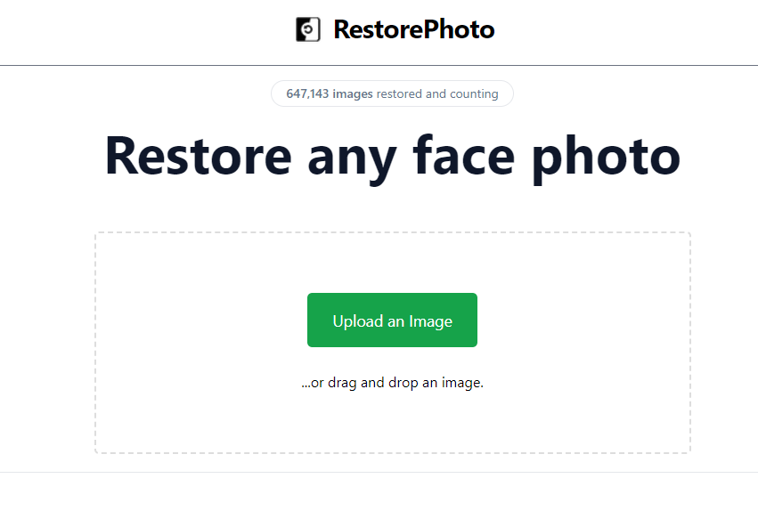 RestorePhoto’s dashboard for AI photo restoration.