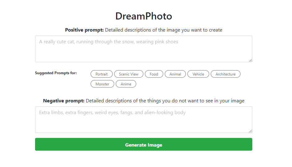 A screen capture of DreamPhoto’s dashboard to start using the AI picture generator.