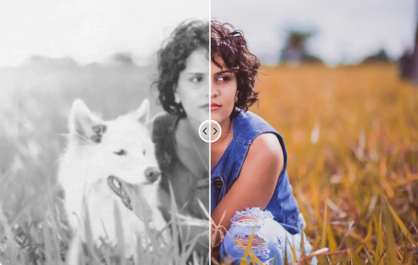 A woman with her dog undergoing a photo repair through an AI photo restoration tool.
