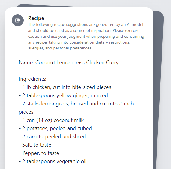 Screen capture of the recipe result using AI recipe maker.