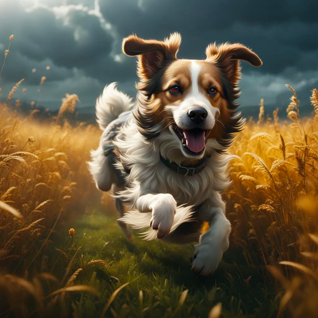 A dog running in a field as produced by one of the best AI art generators NightCafe