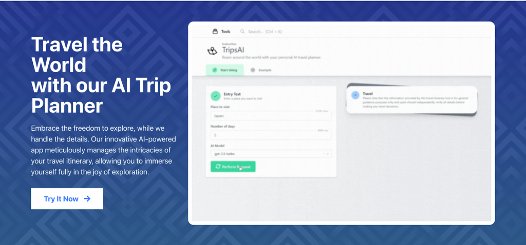 A preview of TripsAI, one of the best AI trip planners