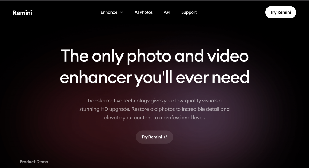 Homepage of Remini, a picture restoration tool
