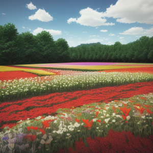 A colorful field of flowers with trees and a blue sky produced by one of the best AI image generator apps, DreamPhoto
