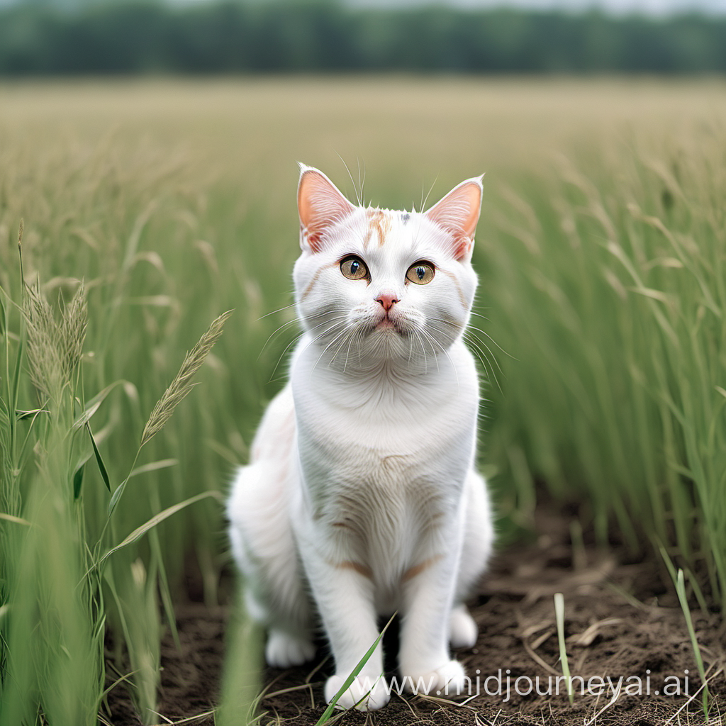 A white cat sitting in the middle of a grass field, produced by one of the best AI image generator apps, Midjourney