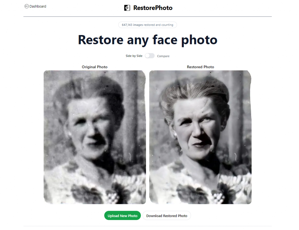 Homepage of RestorePhoto, a picture restoration tool