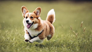 an image generated with the Stable Diffusion prompt, a happy corgi dog running in a field