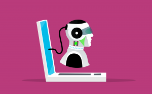 A robot attached to a laptop, symbolizing advanced AI tutors, set against a pink background.