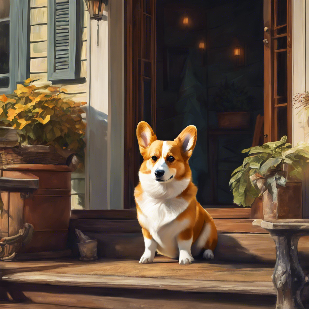 an image generated with the Stable Diffusion prompt, A corgi dog sitting on the front porch, oil paint, fantasy, deviant art, 4k, brown, studio lighting, utopian future