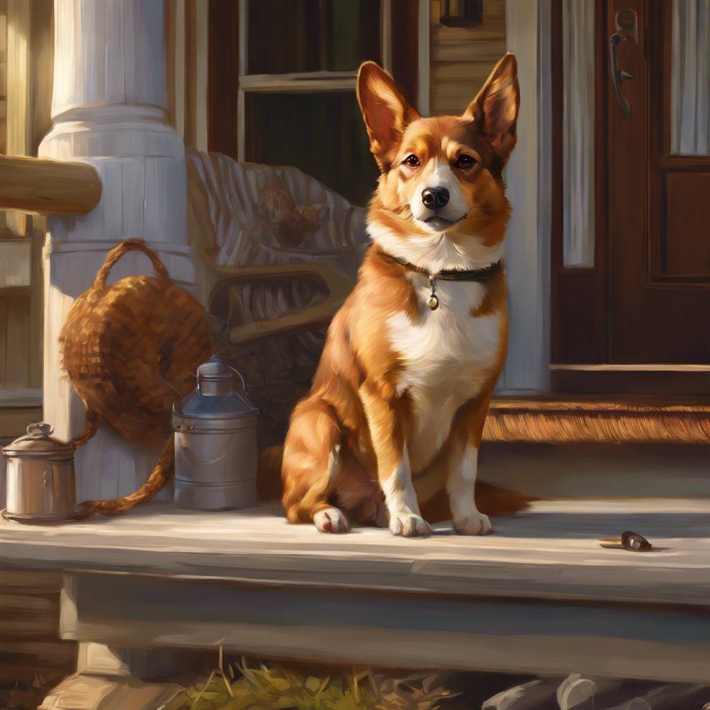 an image generated with the Stable Diffusion prompt, a (corgi dog: 0.3) sitting on the front porch, oil paint, fantasy, deviant art, 4k, brown, studio lighting, utopian future