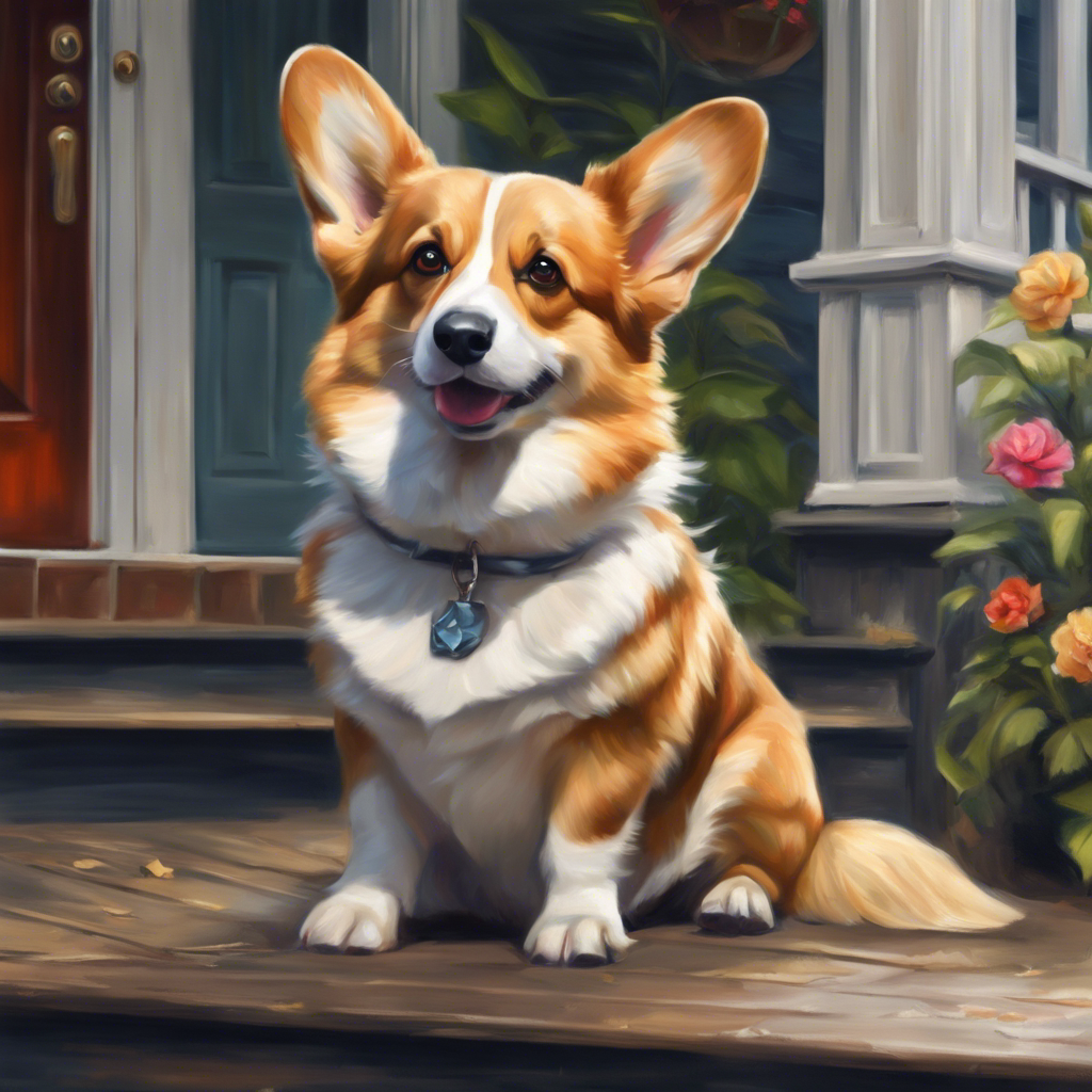 an image generated with the Stable Diffusion prompt, corgi dog sitting on the front porch, oil paint, fantasy, deviant art, 4k