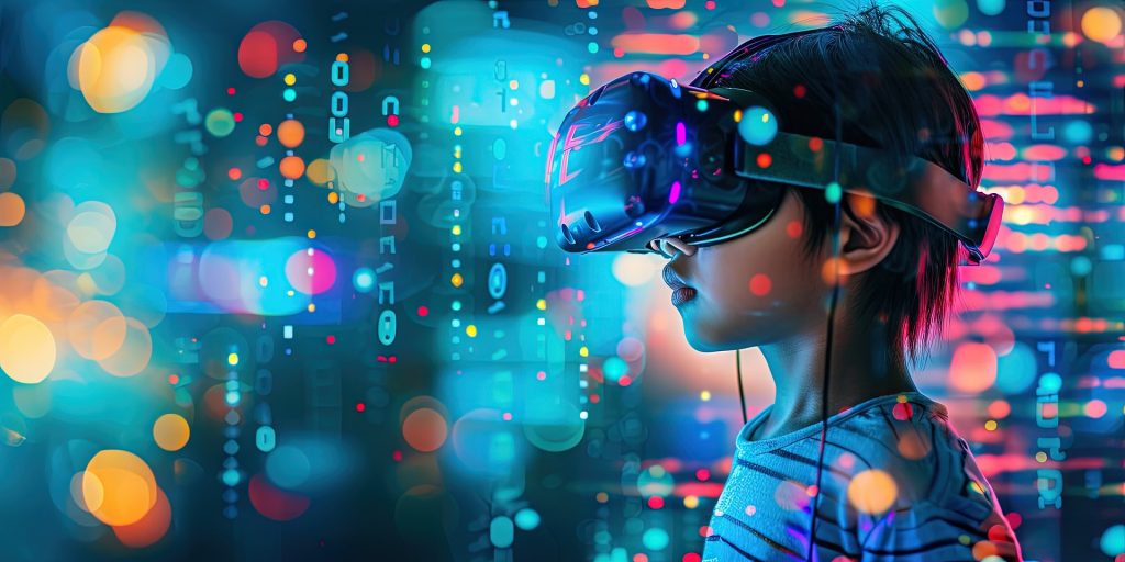 A child wearing a VR headset with colorful bokeh lights in the background, depicting the future of AI tutors.