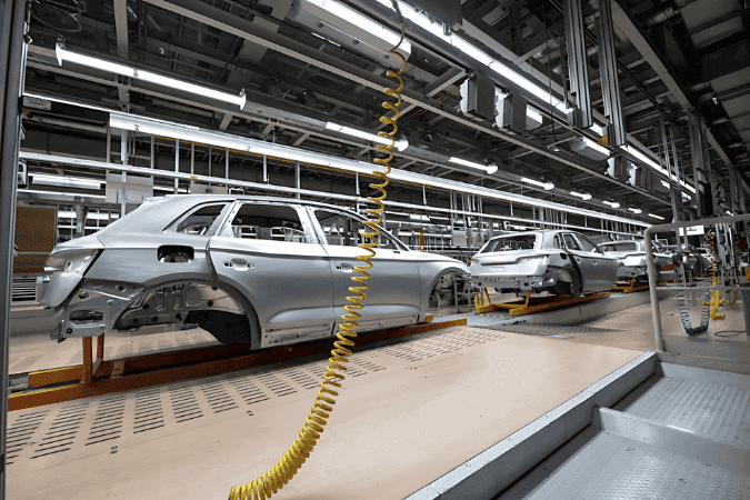 car assembly line in a factory, showcasing AI advantage and artificial intelligence in manufacturing