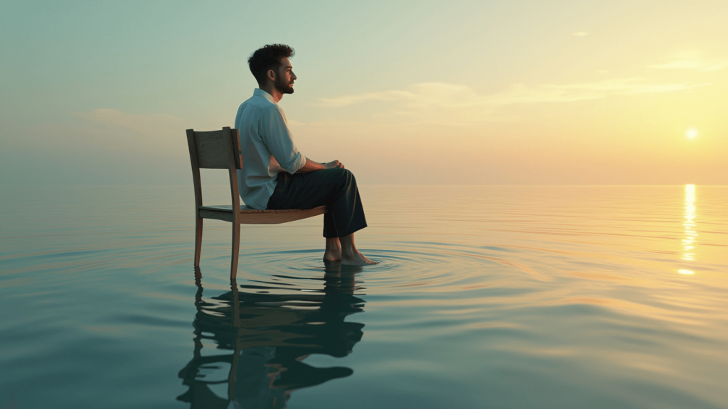 Man on chair floating on the sea