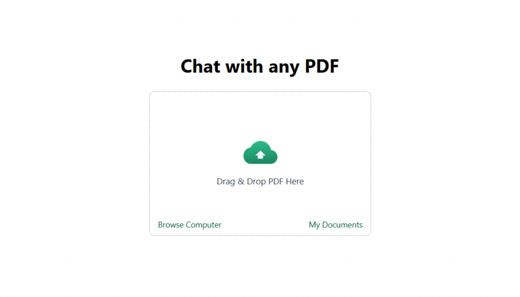 A screen capture of ChatPDF’s dashboard to start using the AI PDF reader.