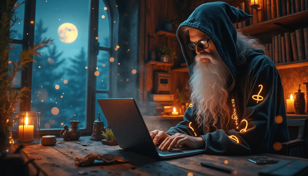 wizard typing on laptop